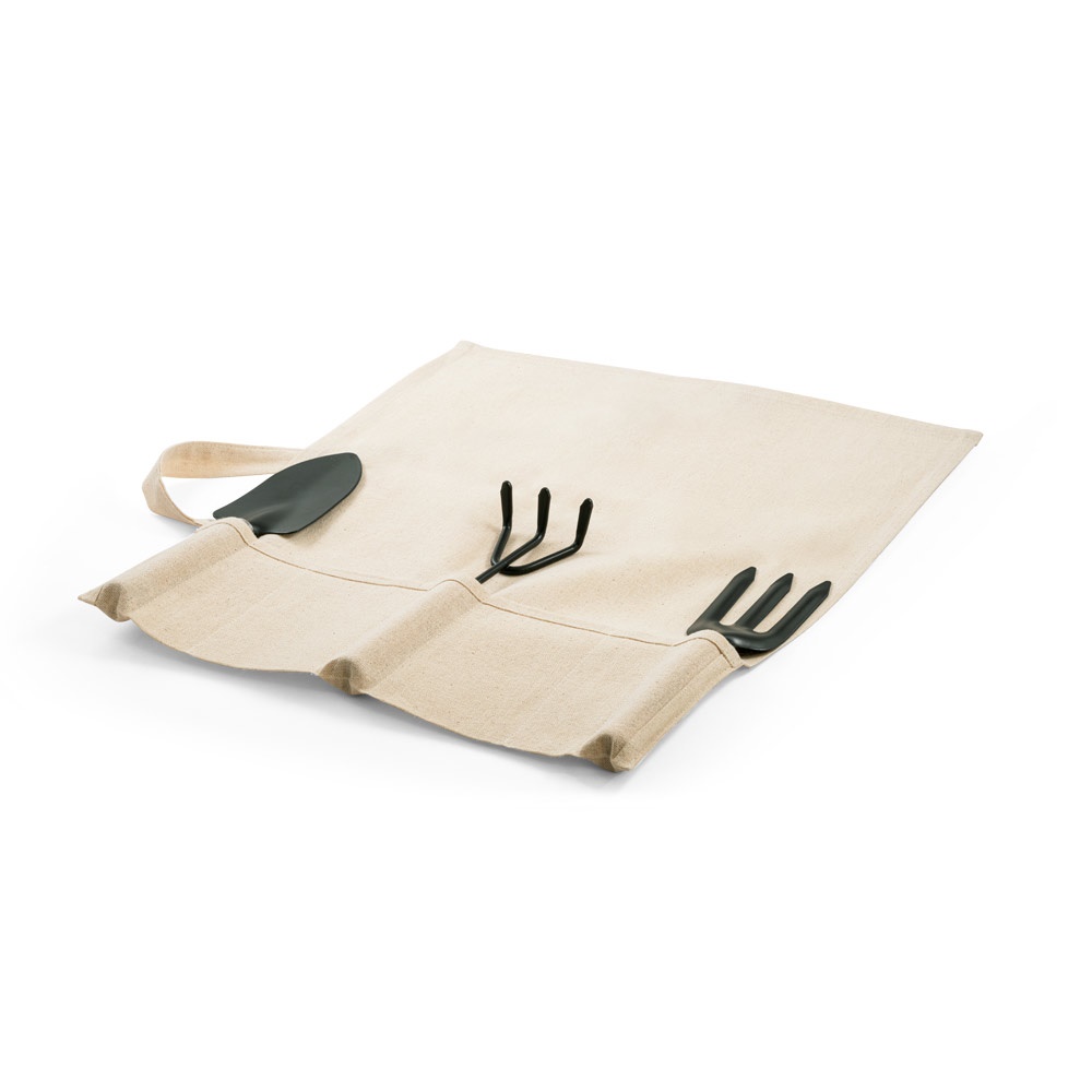 Conjunto de jardinagem com 3 ferramentas e bolsa de algodão na cor Natural claro, personalizado com a logo da empresa