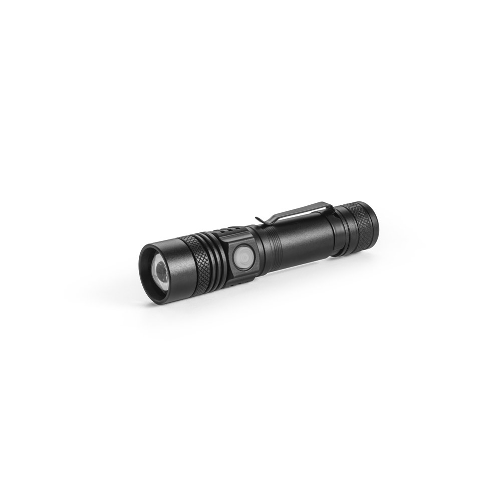Lanterna recarregável em alumínio (5 W) na cor Preto, personalizada com a logo da empresa