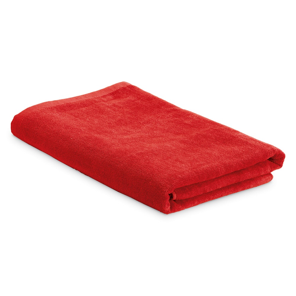Toalha de praia em veludo de algodão (320 g/m²) personalizada com a logo da empresa, na cor vermelho