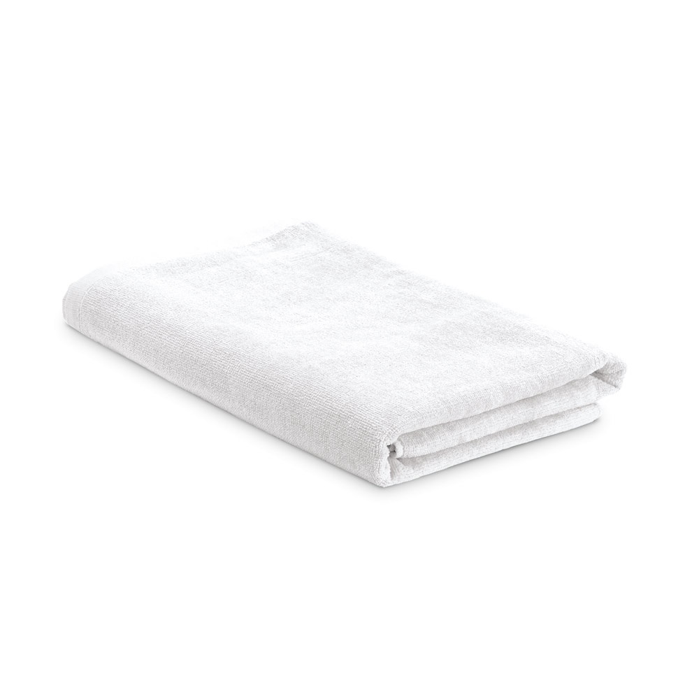 Toalha de praia em veludo de algodão (320 g/m²) na cor Branco, personalizada com a logo da empresa