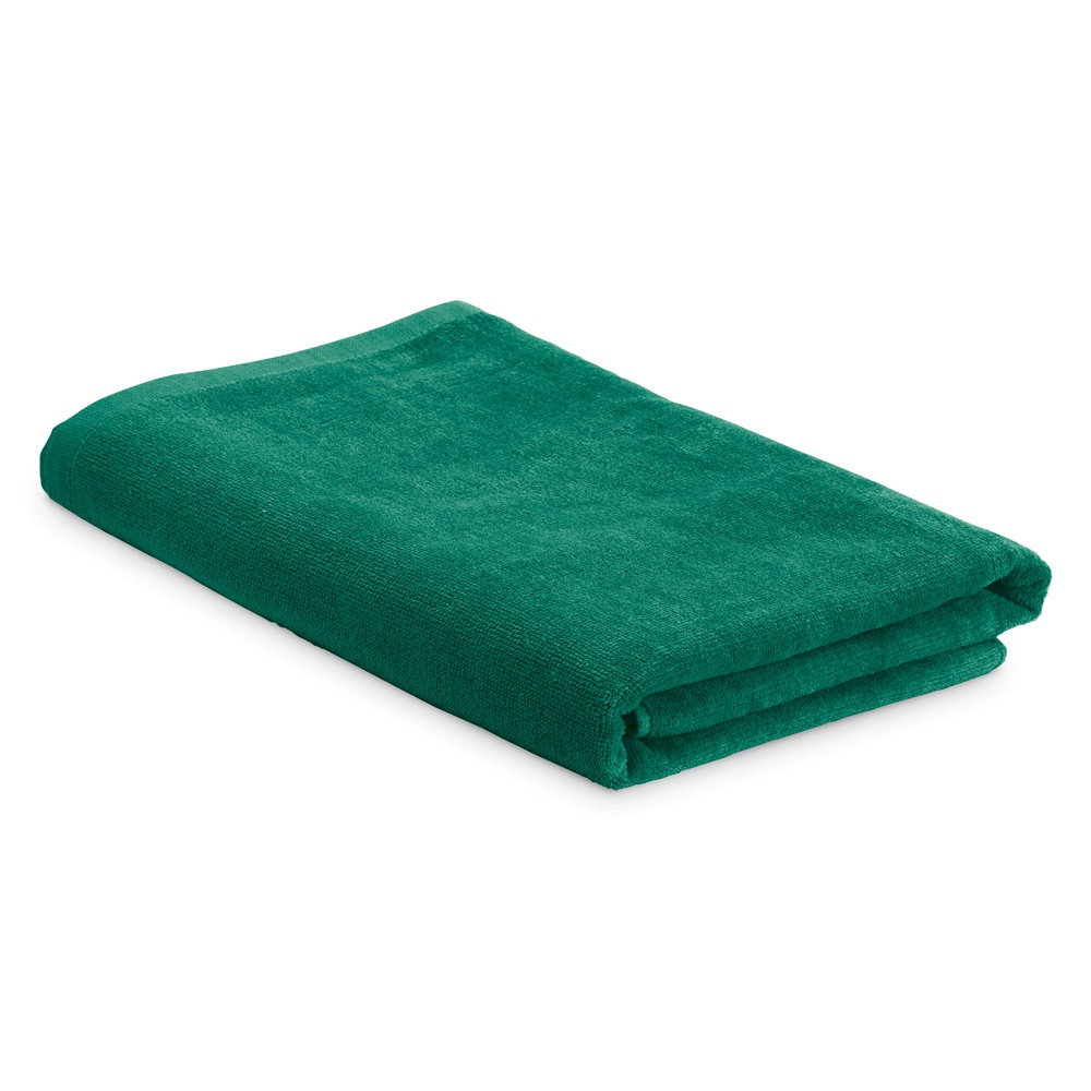 Toalha de praia em veludo de algodão (320 g/m²) personalizada com a logo da empresa, na cor verde