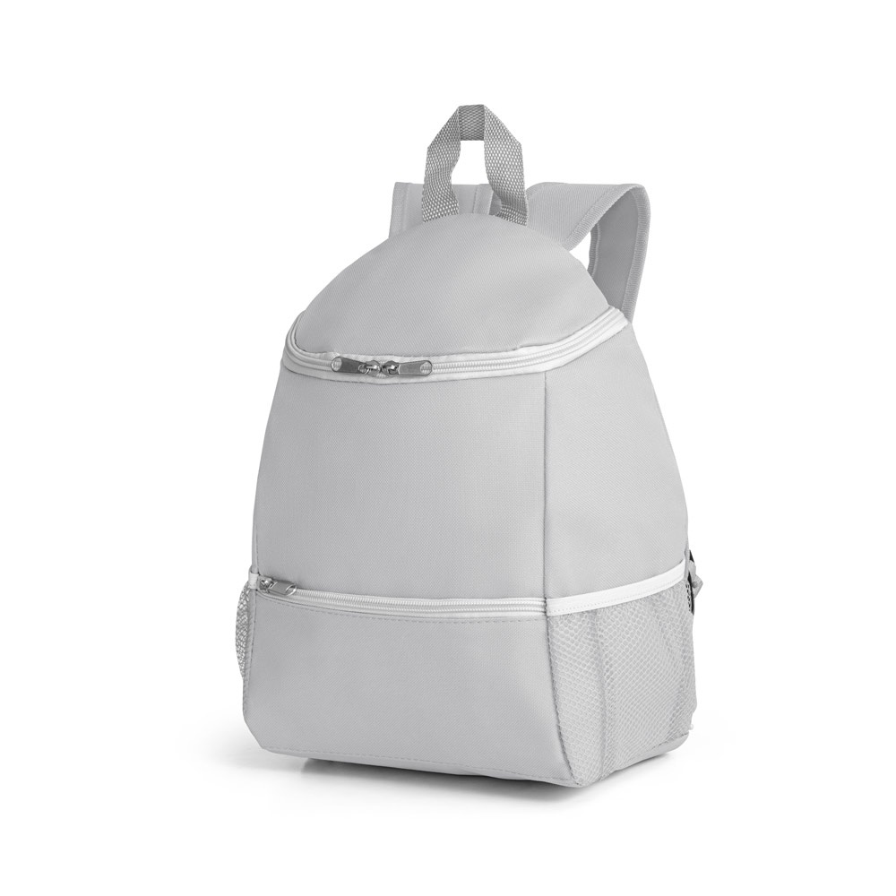 Mochila térmica em 600D 9 litros com bolso frontal personalizada com a logo da empresa, na cor cinza claro