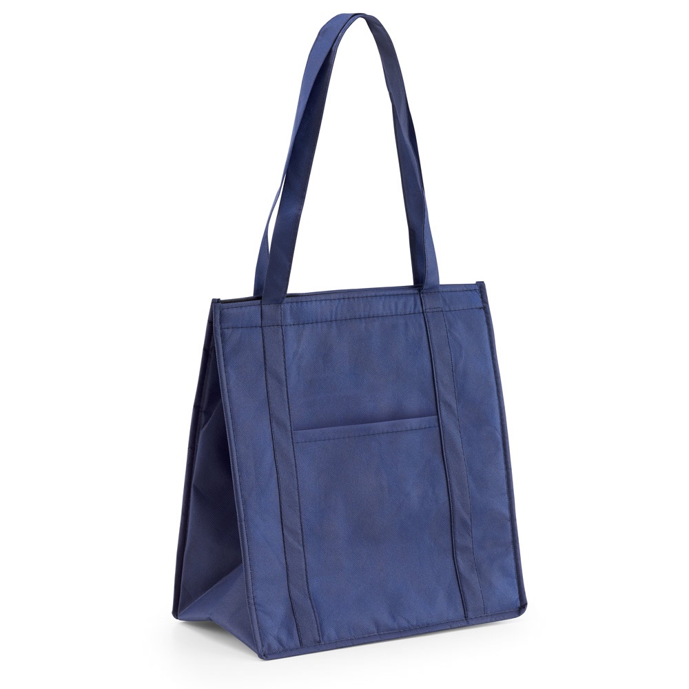 Sacola térmica em non-woven (80 g/m²) 10 litros com bolso frontal personalizada com a logo da empresa, na cor azul