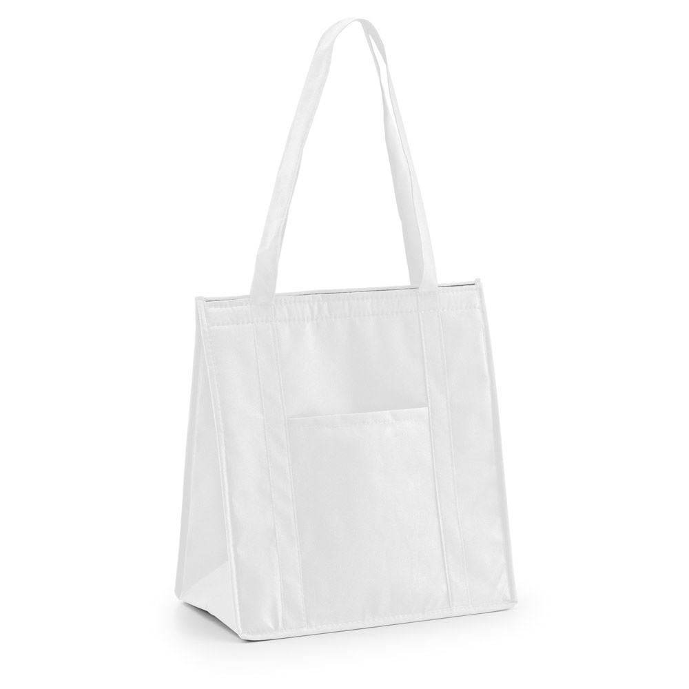 Sacola térmica em non-woven (80 g/m²) 10 litros com bolso frontal na cor Branco, personalizada com a logo da empresa