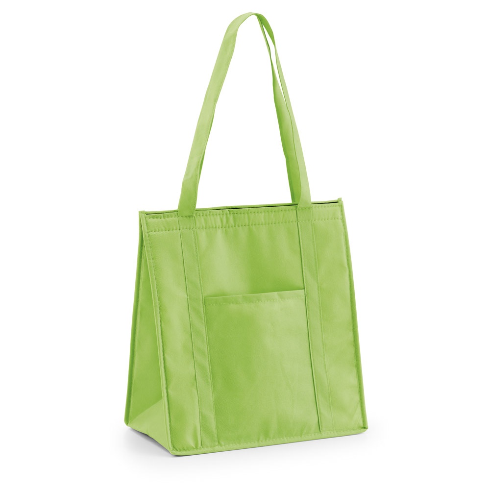 Sacola térmica em non-woven (80 g/m²) 10 litros com bolso frontal personalizada com a logo da empresa, na cor verde claro