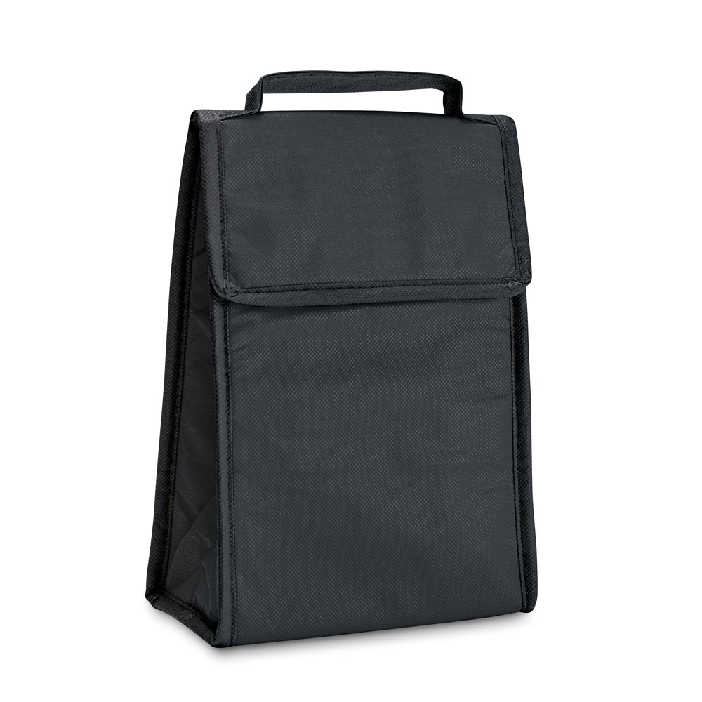 Bolsa térmica dobrável 3 litros em non-woven com fecho aderente na cor Preto, personalizada com a logo da empresa