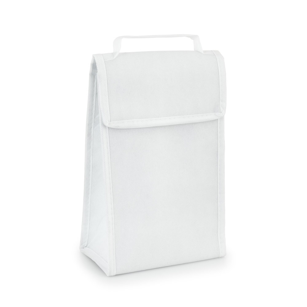 Bolsa térmica dobrável 3 litros em non-woven com fecho aderente personalizada com a logo da empresa, na cor branco