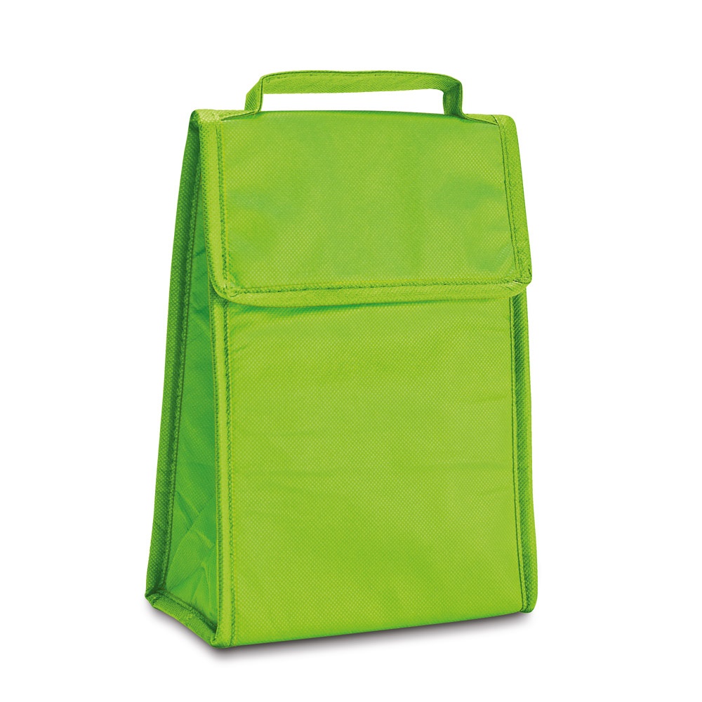 Bolsa térmica dobrável 3 litros em non-woven com fecho aderente personalizada com a logo da empresa, na cor verde claro