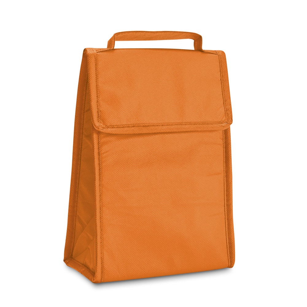 Bolsa térmica dobrável 3 litros em non-woven com fecho aderente personalizada com a logo da empresa, na cor laranja