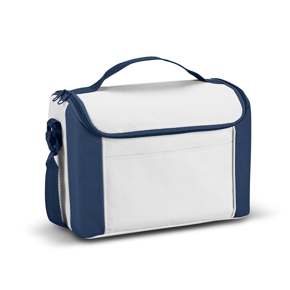 Bolsa térmica em 600D 8 litros com bolso frontal personalizada com a logo da empresa, na cor azul