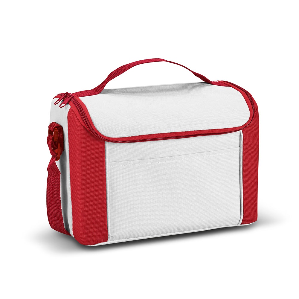 Bolsa térmica em 600D 8 litros com bolso frontal personalizada com a logo da empresa, na cor vermelho