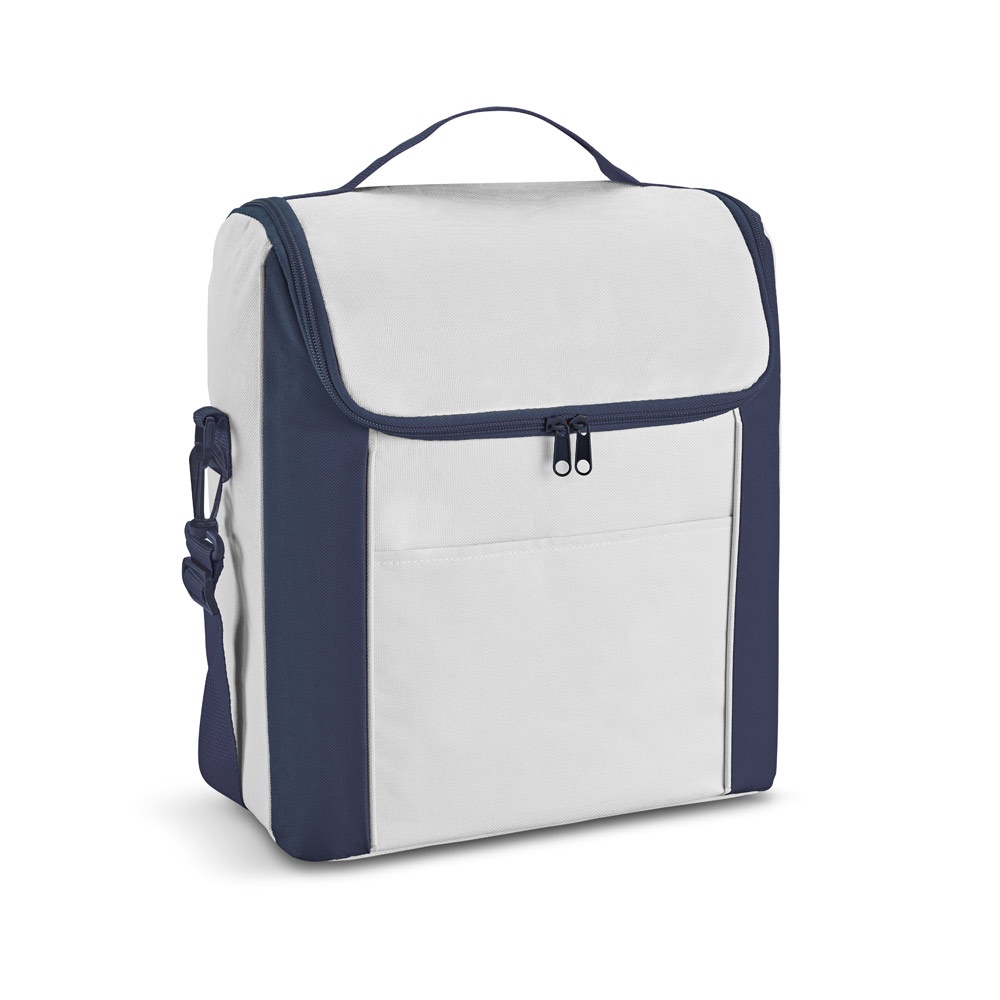 Bolsa térmica em 600D 18 litros com bolso frontal na cor Azul, personalizada com a logo da empresa