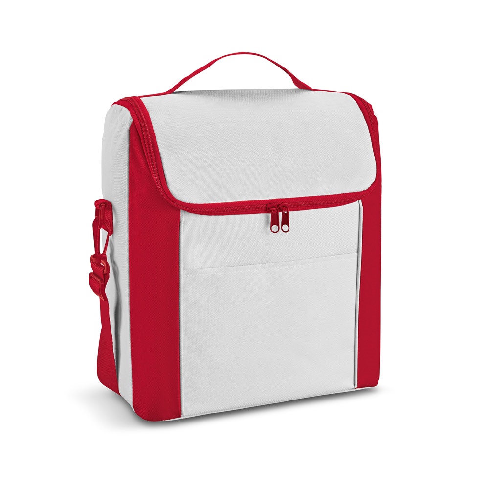 Bolsa térmica em 600D 18 litros com bolso frontal personalizada com a logo da empresa, na cor vermelho