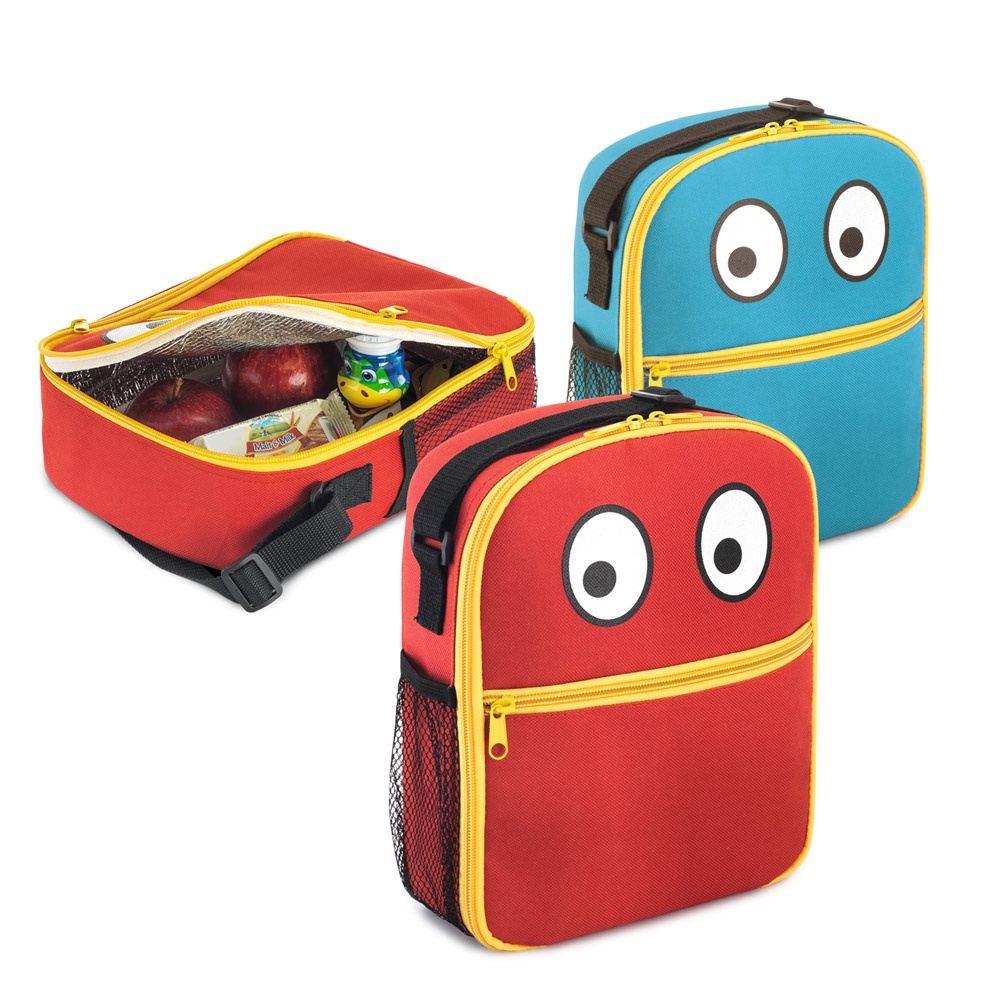 Bolsa térmica para criança em 600D 4 litros com bolso frontal personalizada com a logo da empresa