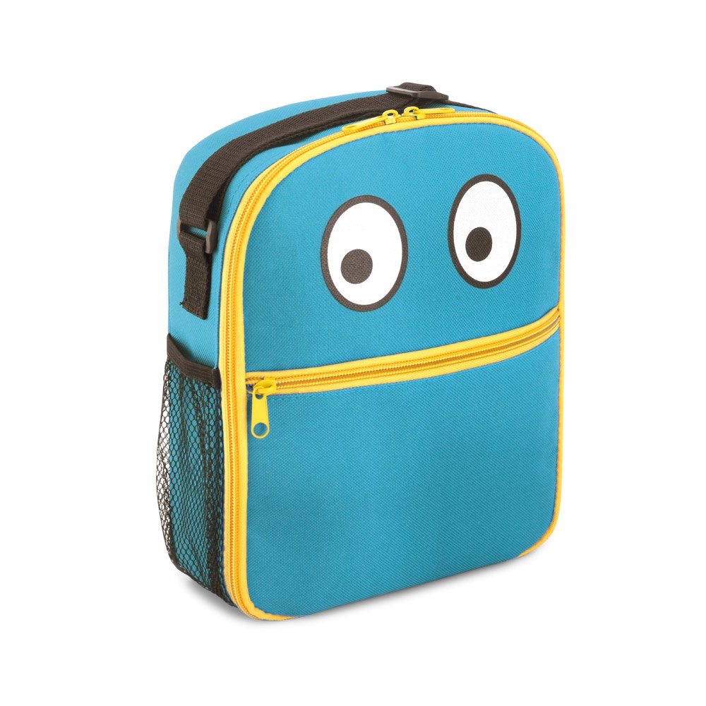 Bolsa térmica para criança em 600D 4 litros com bolso frontal na cor Azul claro, personalizada com a logo da empresa