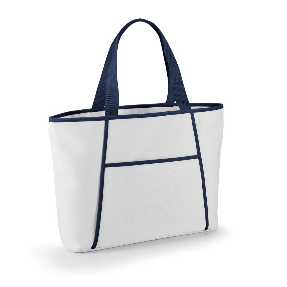 Sacola térmica em 600D 14 litros com bolso frontal na cor Azul, personalizada com a logo da empresa