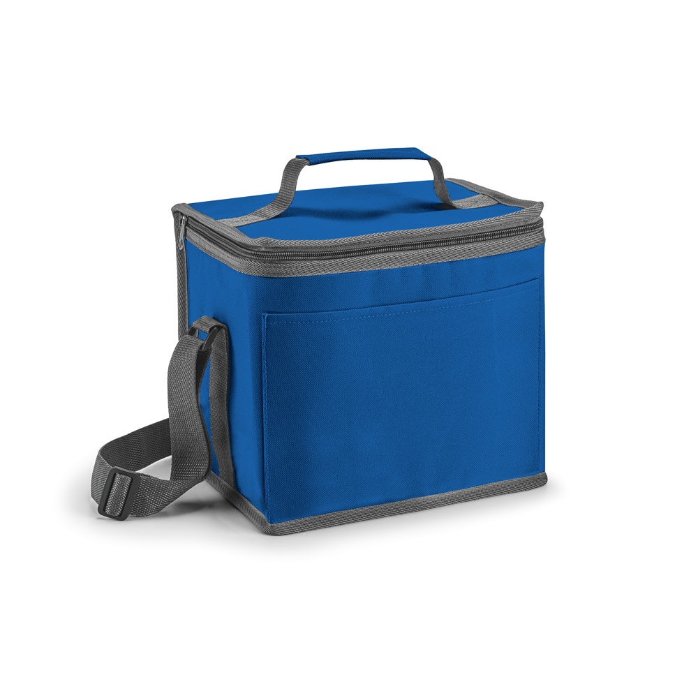 Bolsa térmica em 600D 9 litros com bolso frontal personalizada com a logo da empresa, na cor azul royal