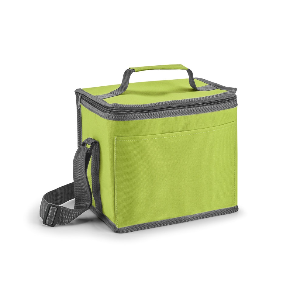 Bolsa térmica em 600D 9 litros com bolso frontal personalizada com a logo da empresa, na cor verde claro