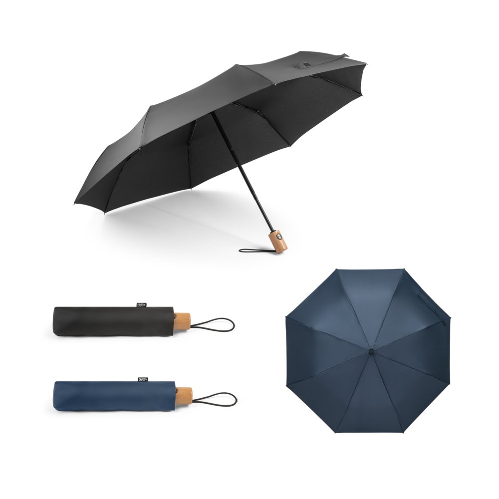 Guarda-chuva dobrável automático em RPET com pega de madeira personalizado com a logo da empresa