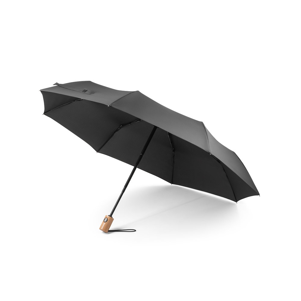 Guarda-chuva dobrável automático em RPET com pega de madeira na cor Preto, personalizado com a logo da empresa