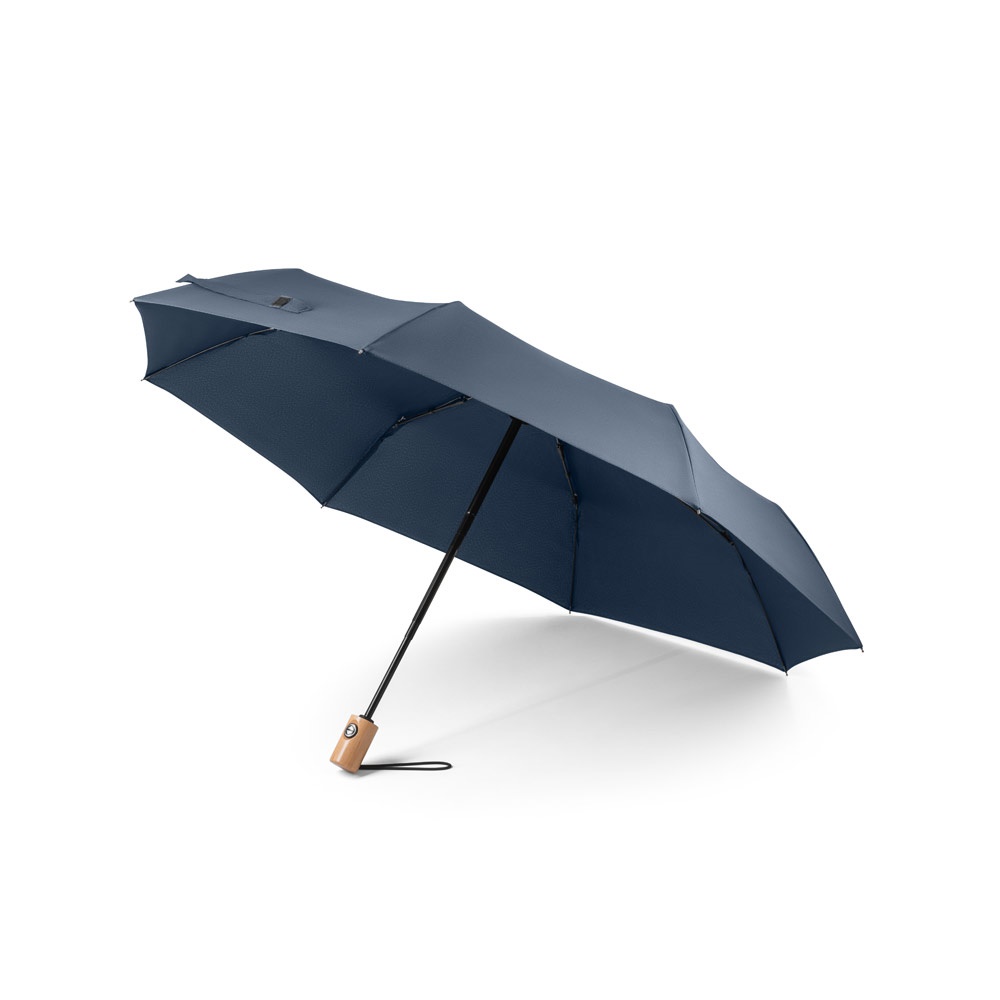 Guarda-chuva dobrável automático em RPET com pega de madeira personalizado com a logo da empresa, na cor azul
