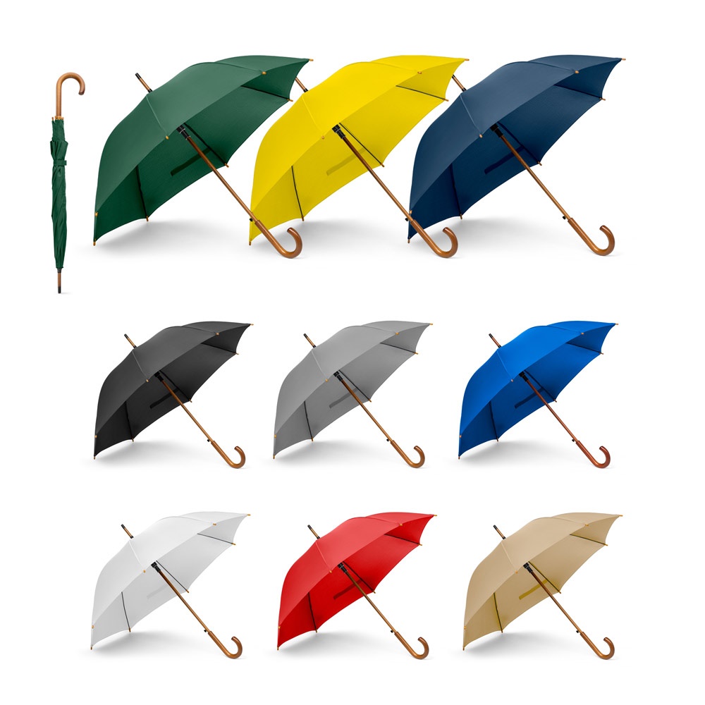 Guarda-chuva automático em pongee 190T com haste e pega de madeira personalizado com a logo da empresa