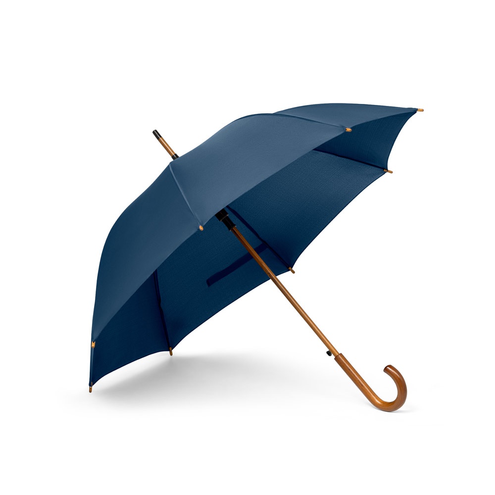 Guarda-chuva automático em pongee 190T com haste e pega de madeira personalizado com a logo da empresa, na cor azul