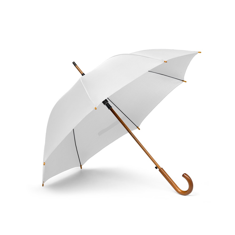 Guarda-chuva automático em pongee 190T com haste e pega de madeira personalizado com a logo da empresa, na cor branco