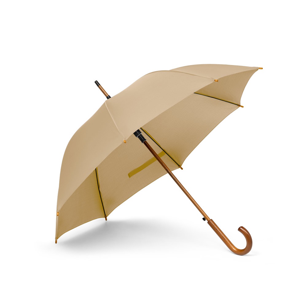 Guarda-chuva automático em pongee 190T com haste e pega de madeira personalizado com a logo da empresa, na cor marron claro