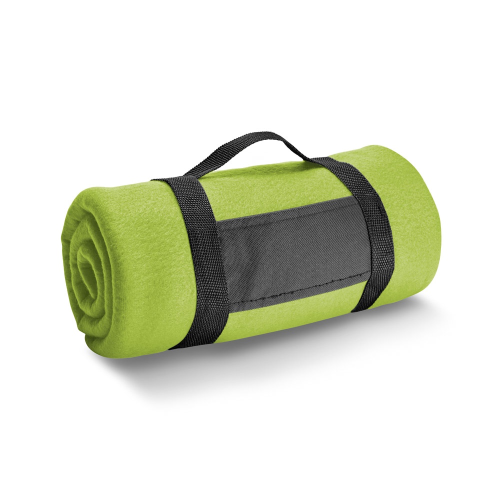 Manta em tecido polar (180 g/m²) com alça removível personalizada com a logo da empresa, na cor verde claro