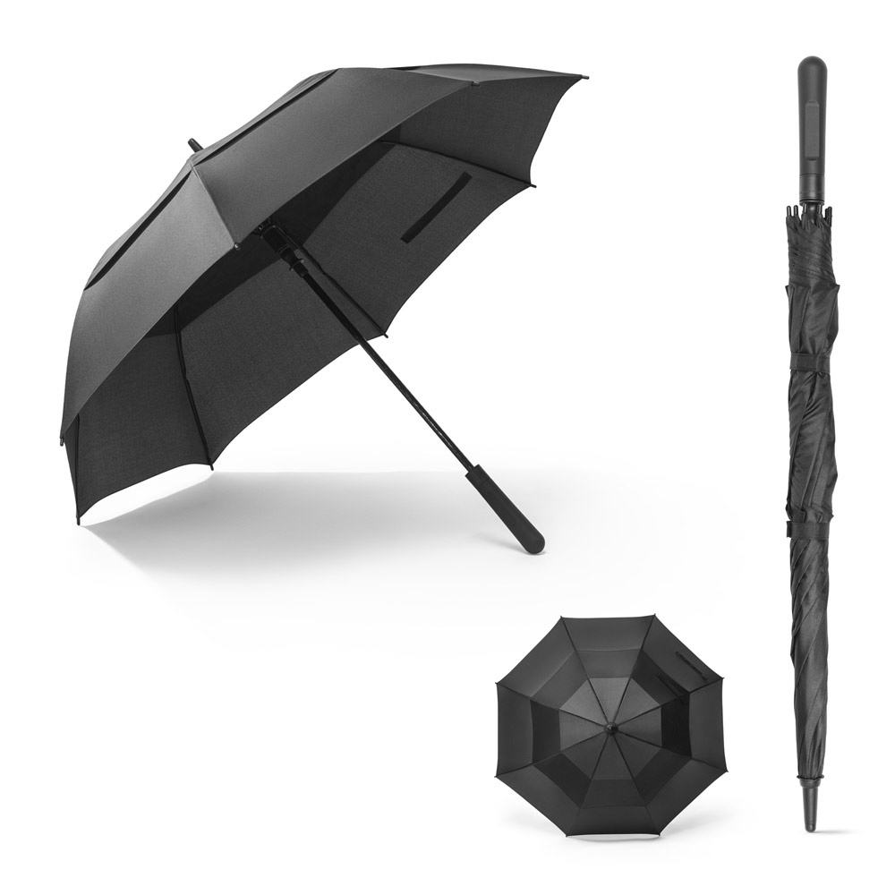 Guarda-chuva automático de 27,5" em pongee reciclado à prova de vento personalizado com a logo da empresa