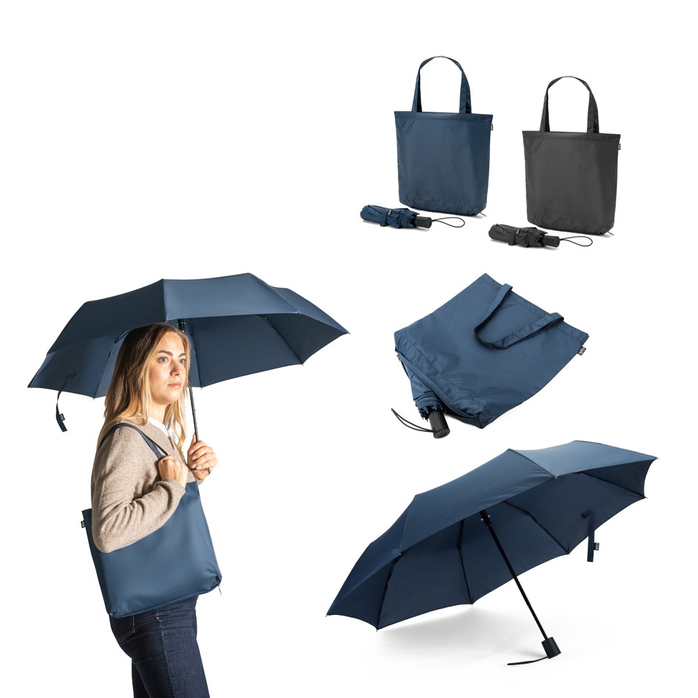 Guarda-chuva 2 em 1 com sacola de compras em poliéster reciclado personalizado com a logo da empresa