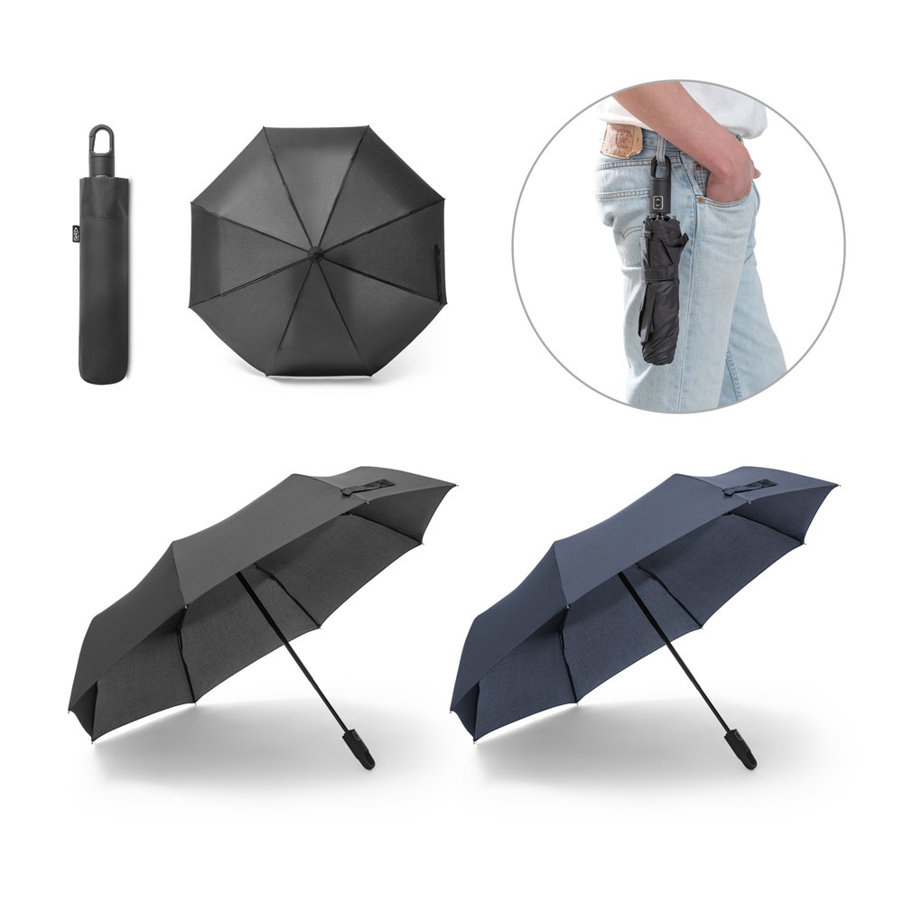 Guarda-chuva dobrável automático em RPET com pega de ABS reciclado personalizado com a logo da empresa