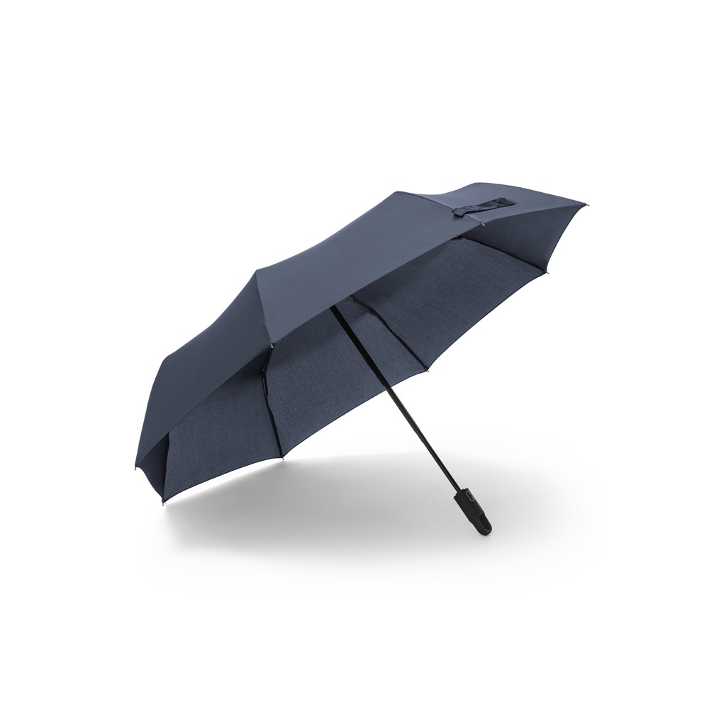 Guarda-chuva dobrável automático em RPET com pega de ABS reciclado personalizado com a logo da empresa, na cor azul