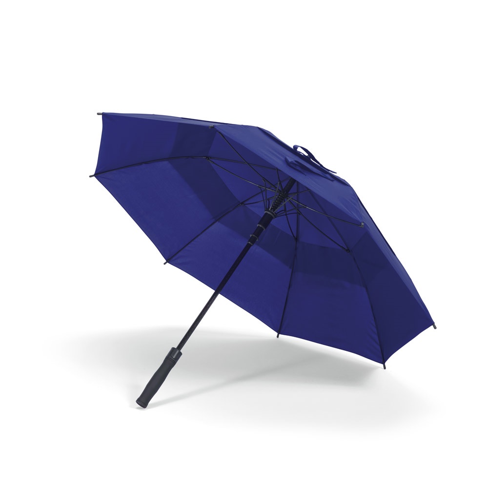 Guarda-chuva em poliéster 100% reciclado 190T com abertura automática personalizado com a logo da empresa, na cor azul