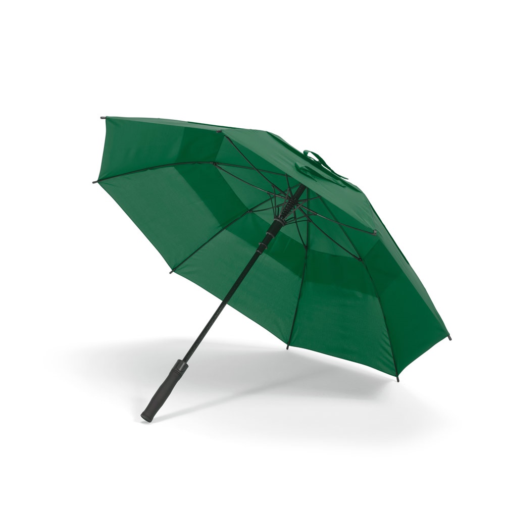 Guarda-chuva em poliéster 100% reciclado 190T com abertura automática personalizado com a logo da empresa, na cor verde escuro