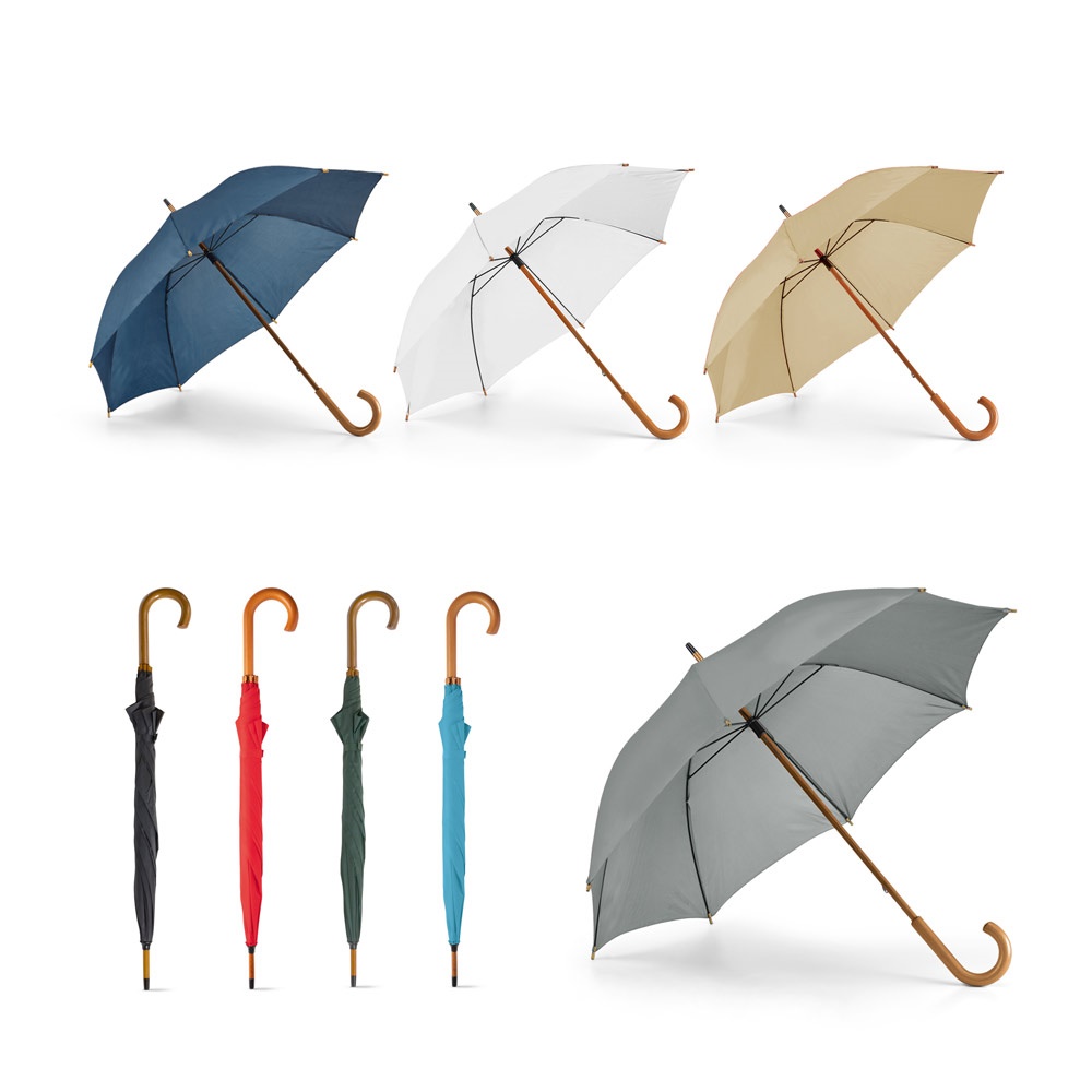 Guarda-chuva manual em poliéster 190T com haste e pega de madeira personalizado com a logo da empresa