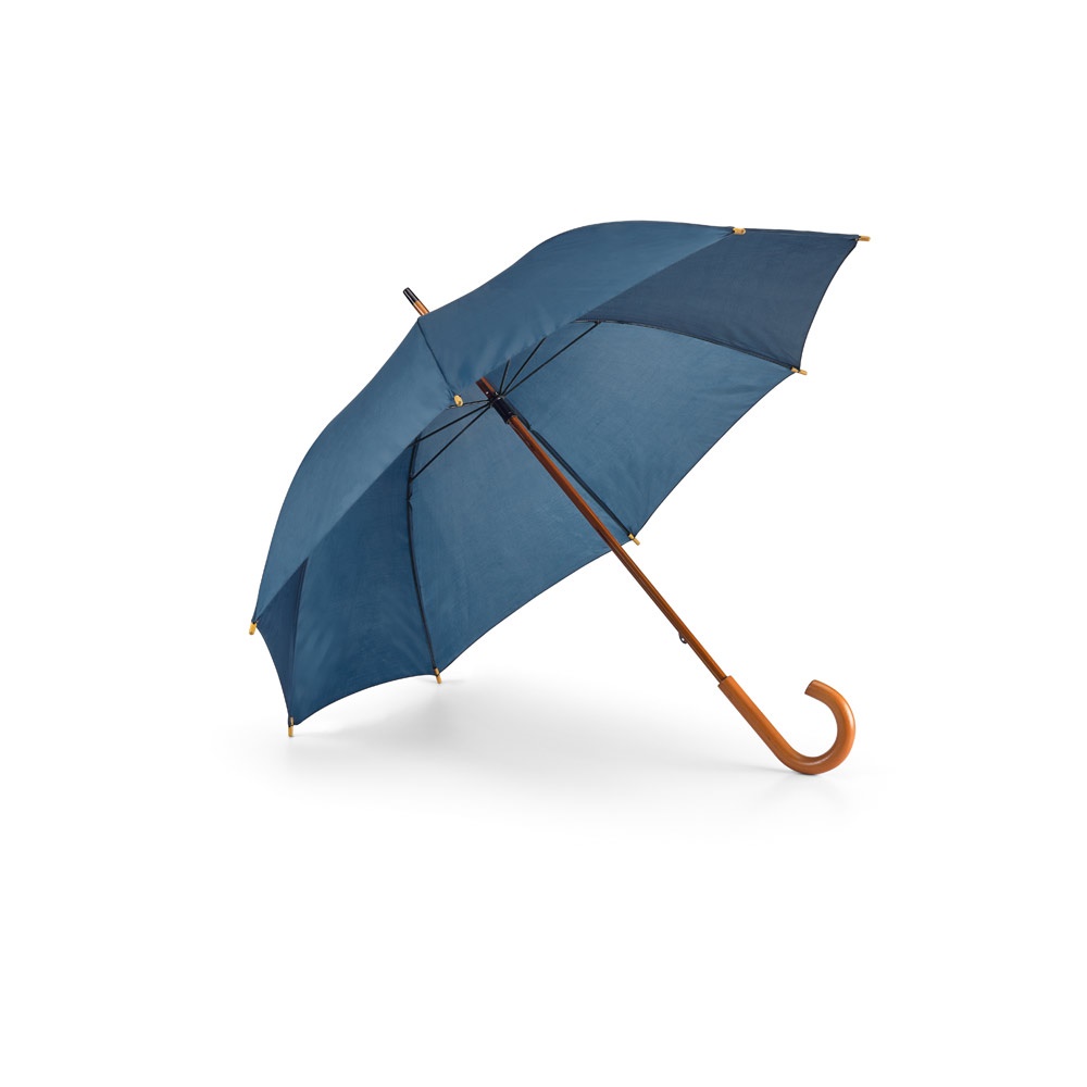 Guarda-chuva manual em poliéster 190T com haste e pega de madeira personalizado com a logo da empresa, na cor azul