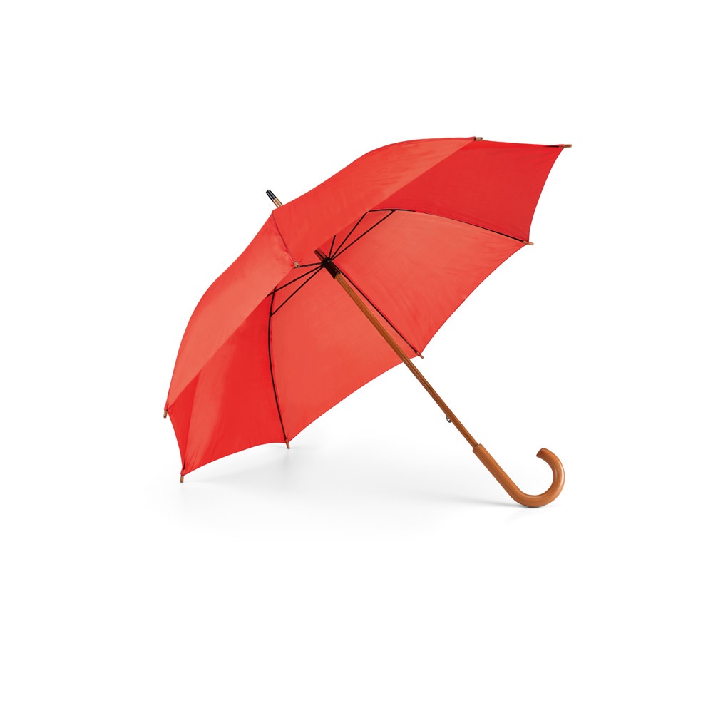 Guarda-chuva manual em poliéster 190T com haste e pega de madeira personalizado com a logo da empresa, na cor vermelho