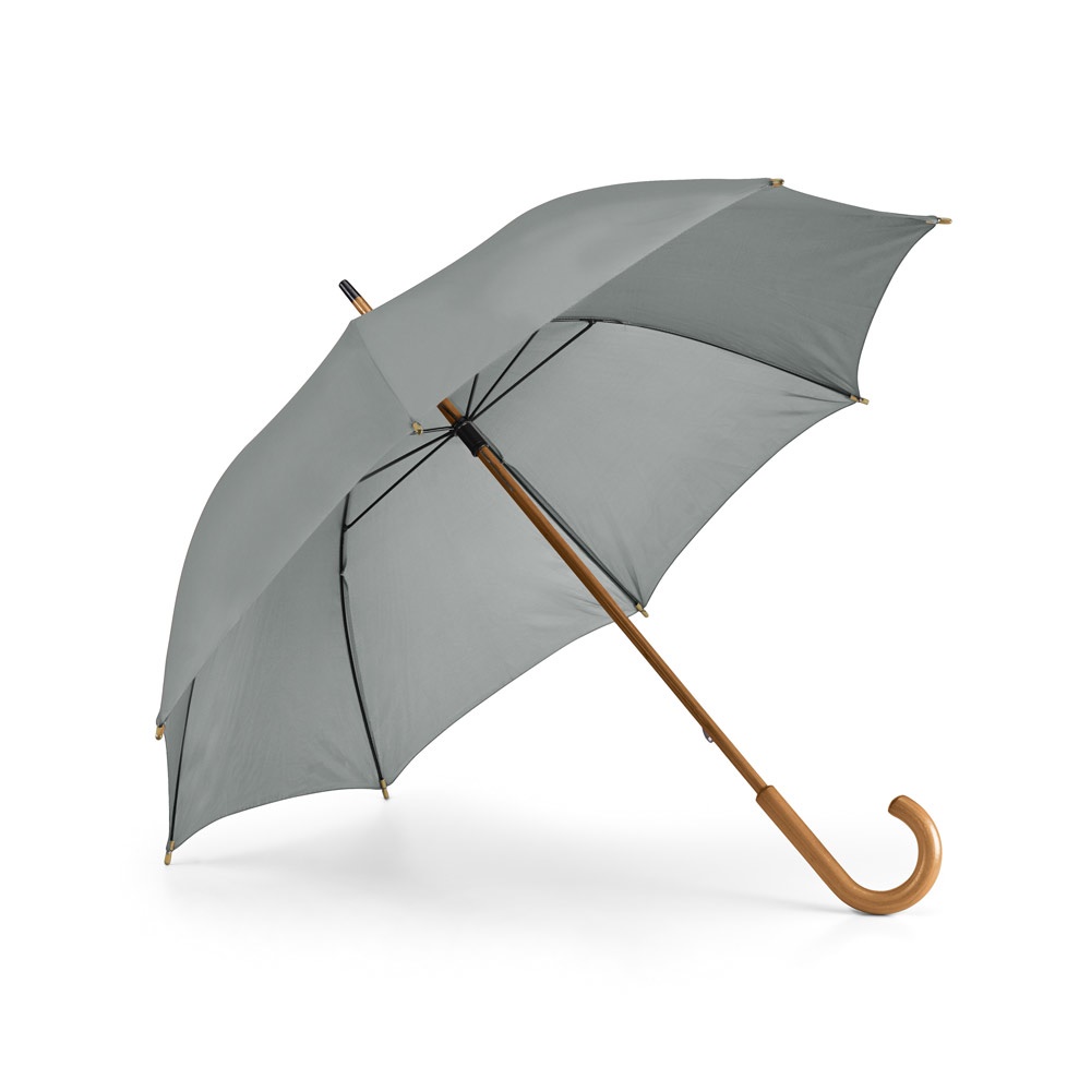 Guarda-chuva manual em poliéster 190T com haste e pega de madeira na cor Cinza, personalizado com a logo da empresa
