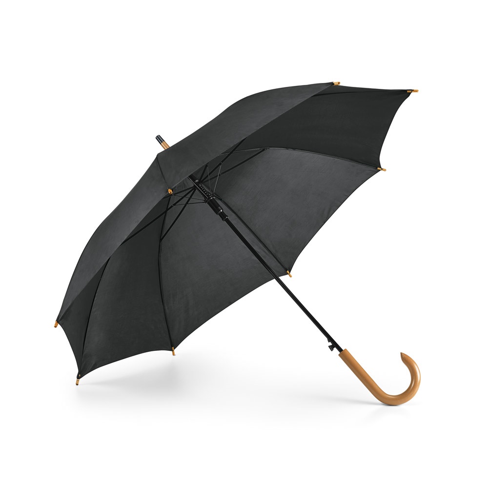 Guarda-chuva automático em poliéster 190T com pega de madeira na cor Preto, personalizado com a logo da empresa
