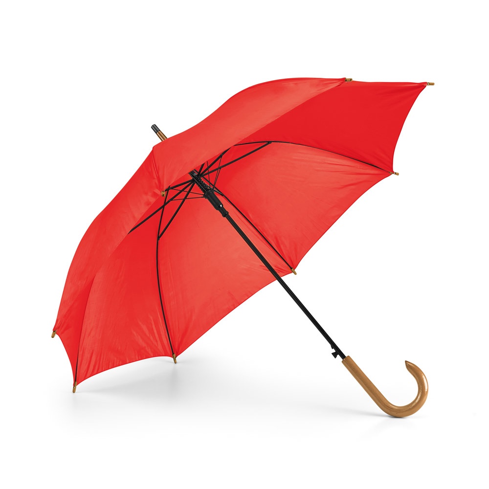 Guarda-chuva automático em poliéster 190T com pega de madeira personalizado com a logo da empresa, na cor vermelho