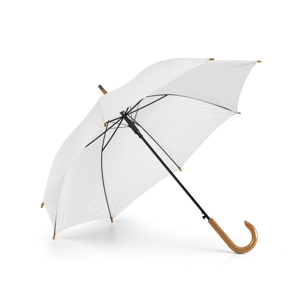 Guarda-chuva automático em poliéster 190T com pega de madeira personalizado com a logo da empresa, na cor branco