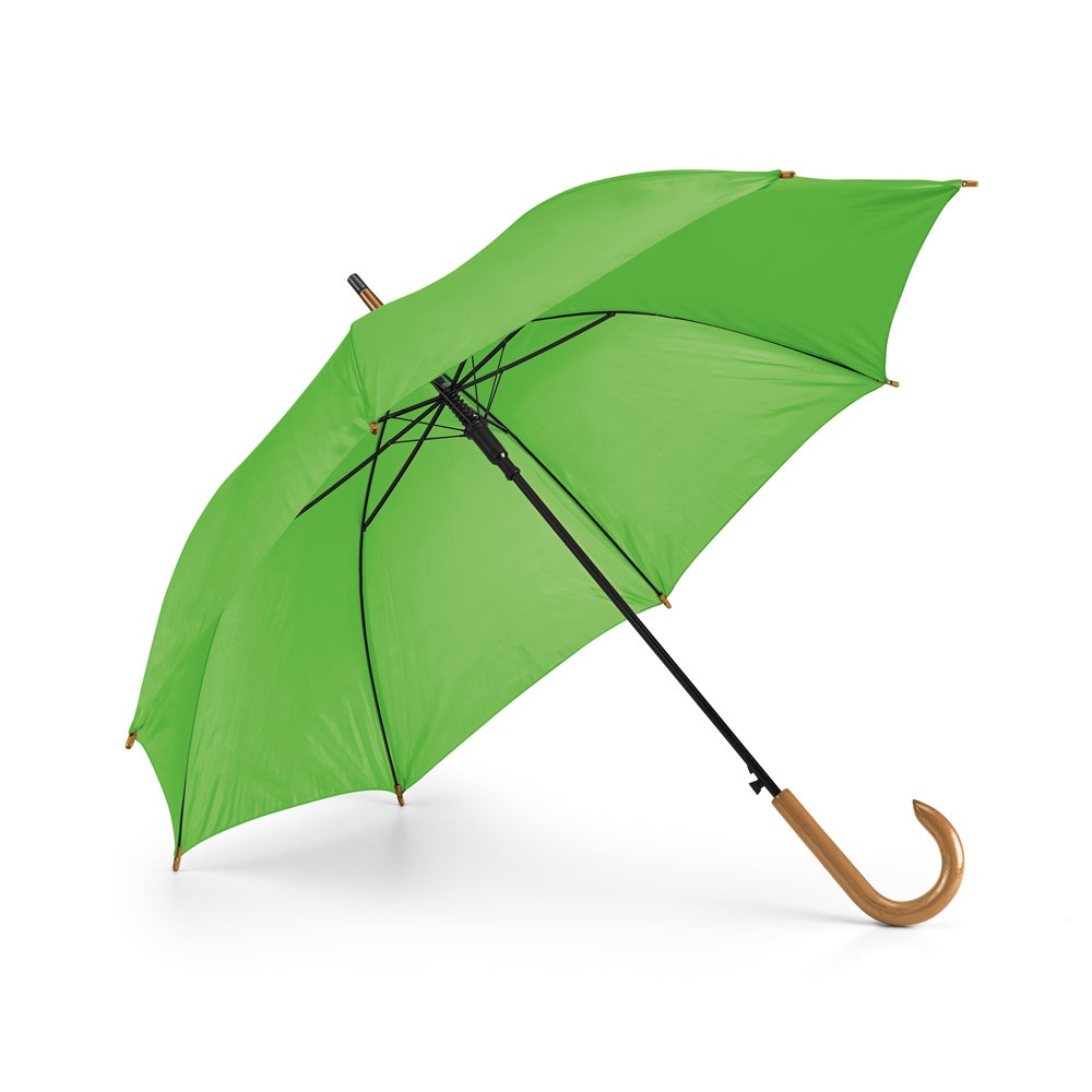 Guarda-chuva automático em poliéster 190T com pega de madeira personalizado com a logo da empresa, na cor verde claro