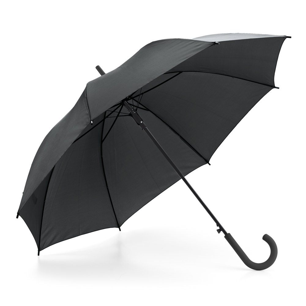 Guarda-chuva automático em poliéster 190T com pega emborrachada na cor Preto, personalizado com a logo da empresa