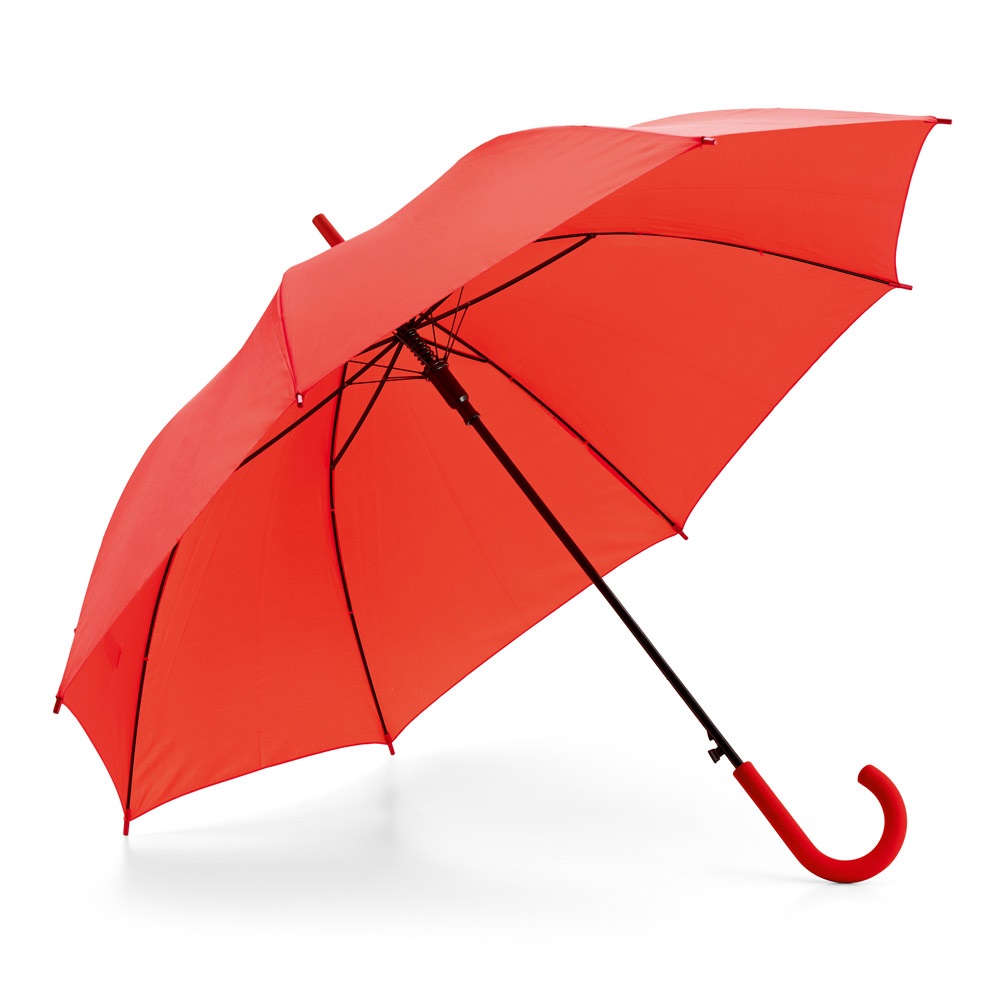 Guarda-chuva automático em poliéster 190T com pega emborrachada personalizado com a logo da empresa, na cor vermelho