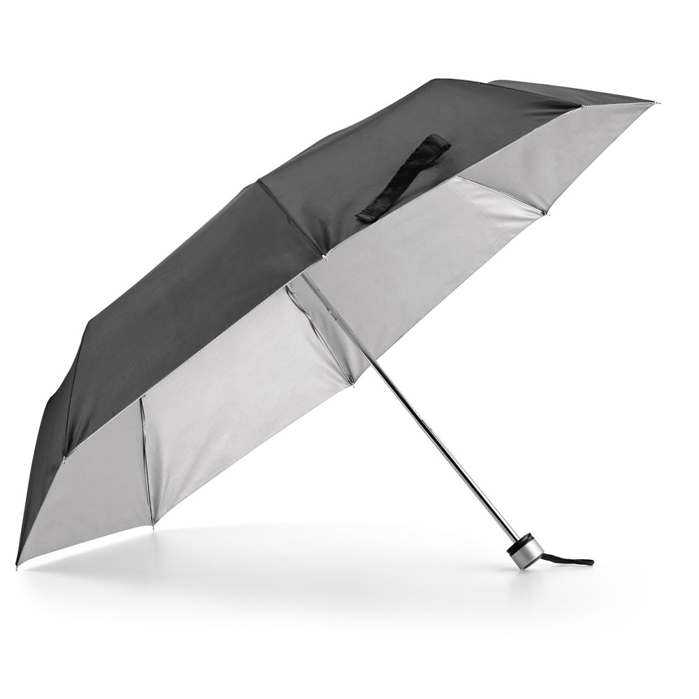 Guarda-chuva dobrável manual em poliéster 190T com interior cinza na cor Preto, personalizado com a logo da empresa