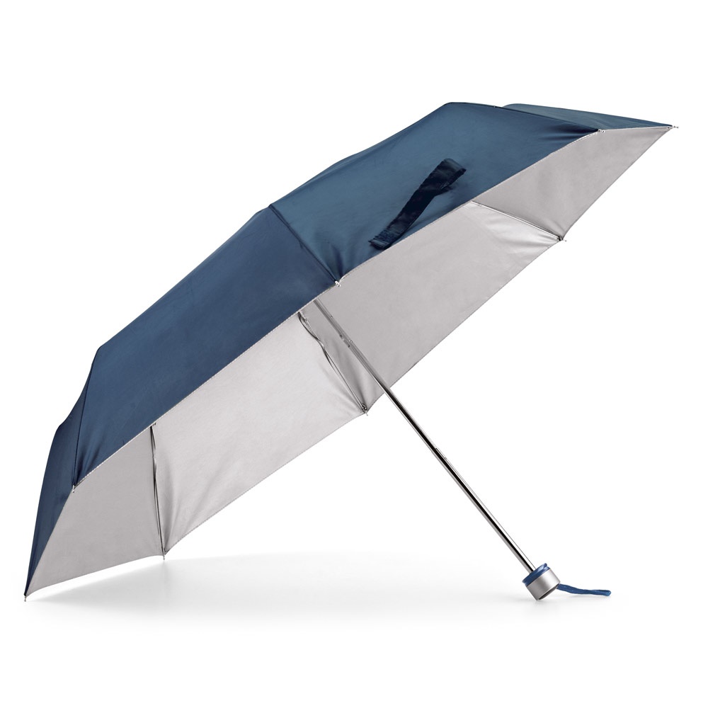 Guarda-chuva dobrável manual em poliéster 190T com interior cinza personalizado com a logo da empresa, na cor azul