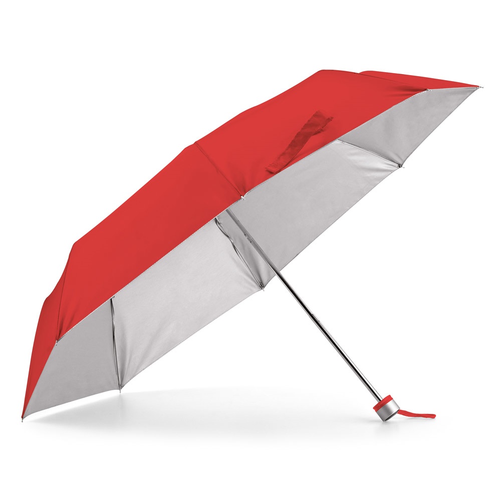 Guarda-chuva dobrável manual em poliéster 190T com interior cinza personalizado com a logo da empresa, na cor vermelho