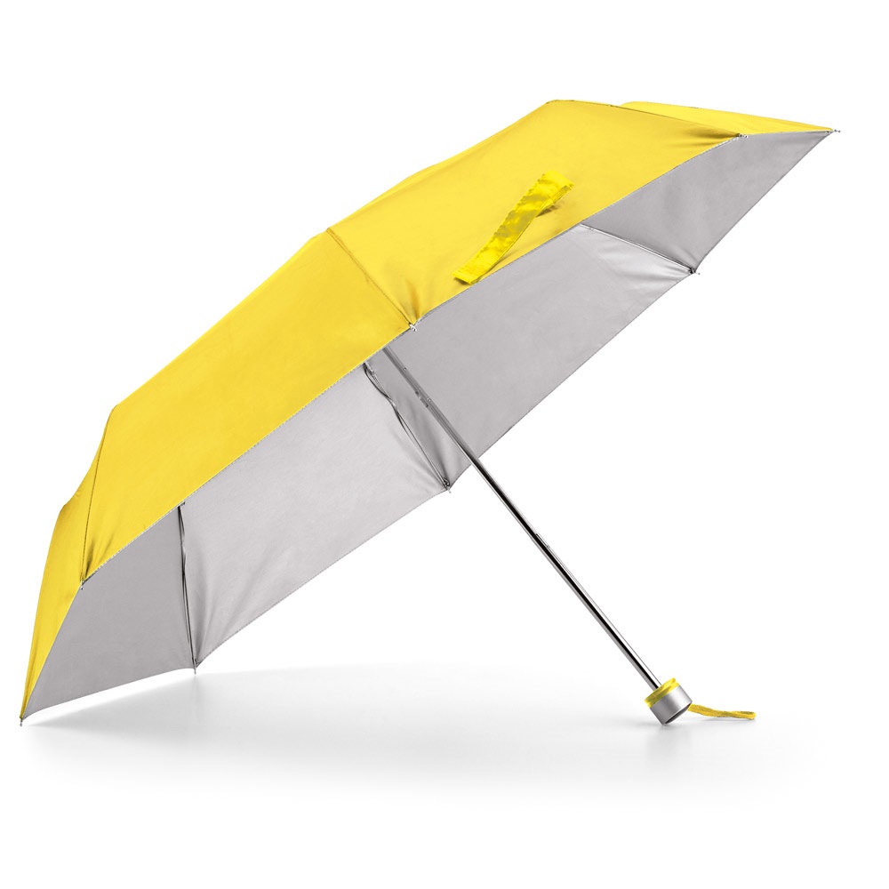 Guarda-chuva dobrável manual em poliéster 190T com interior cinza personalizado com a logo da empresa, na cor amarelo